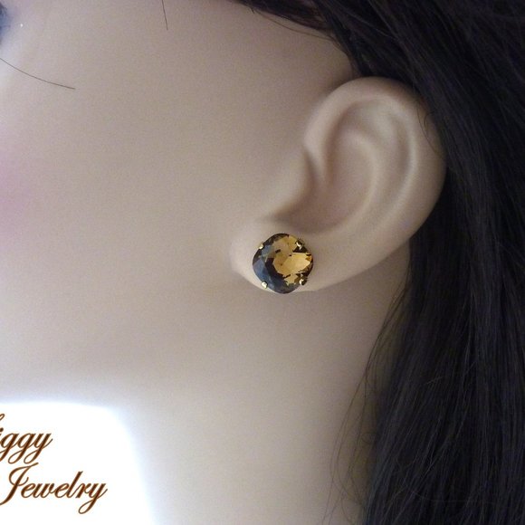 Smoked Topaz Cushion Cut Solitaire Stud Crystal Earrings, in 10mm Gold Finish - Picture 5 of 5